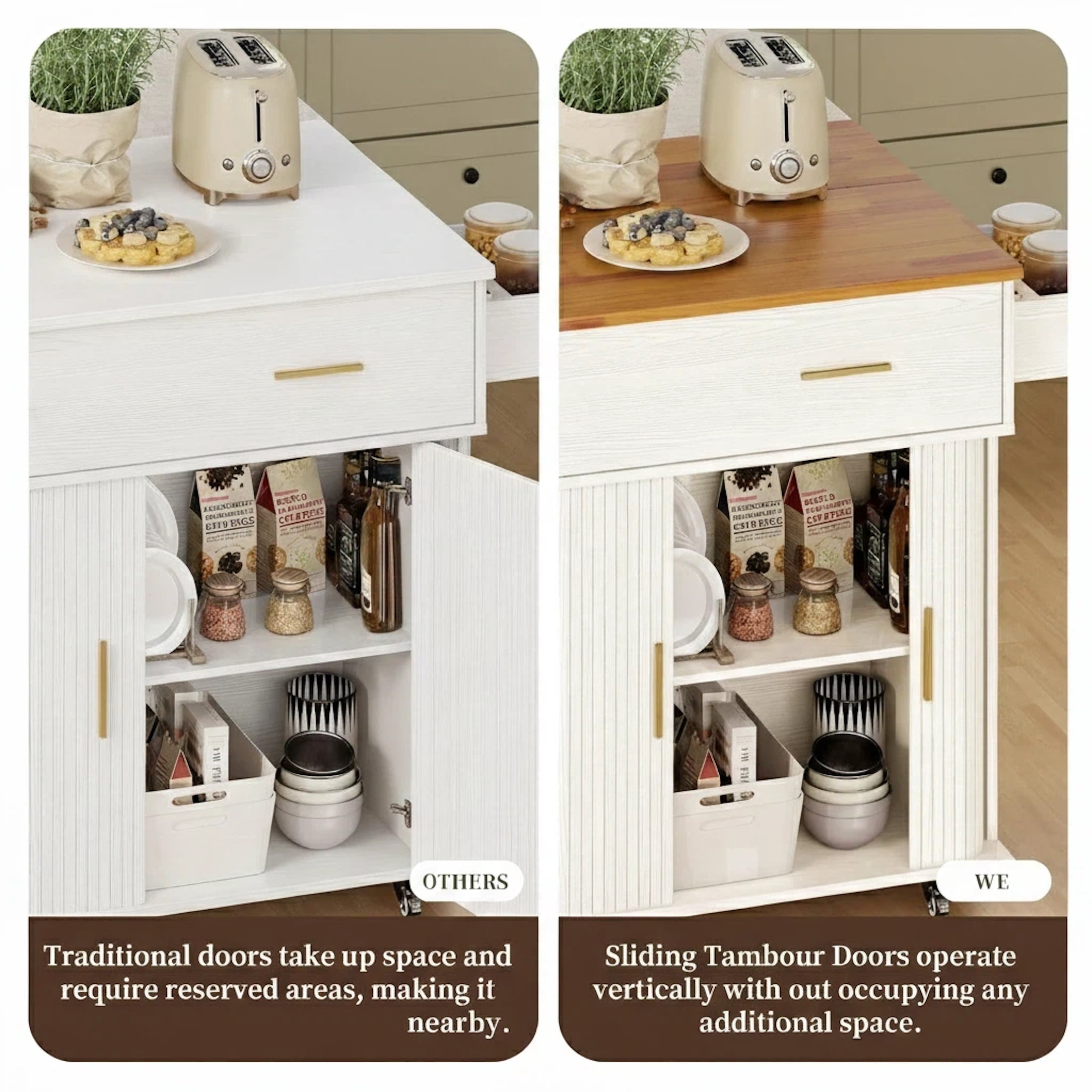 AISWORD Rolling Kitchen Island with Drop Leaf, Sliding Door, Drawers & Spice Rack, White