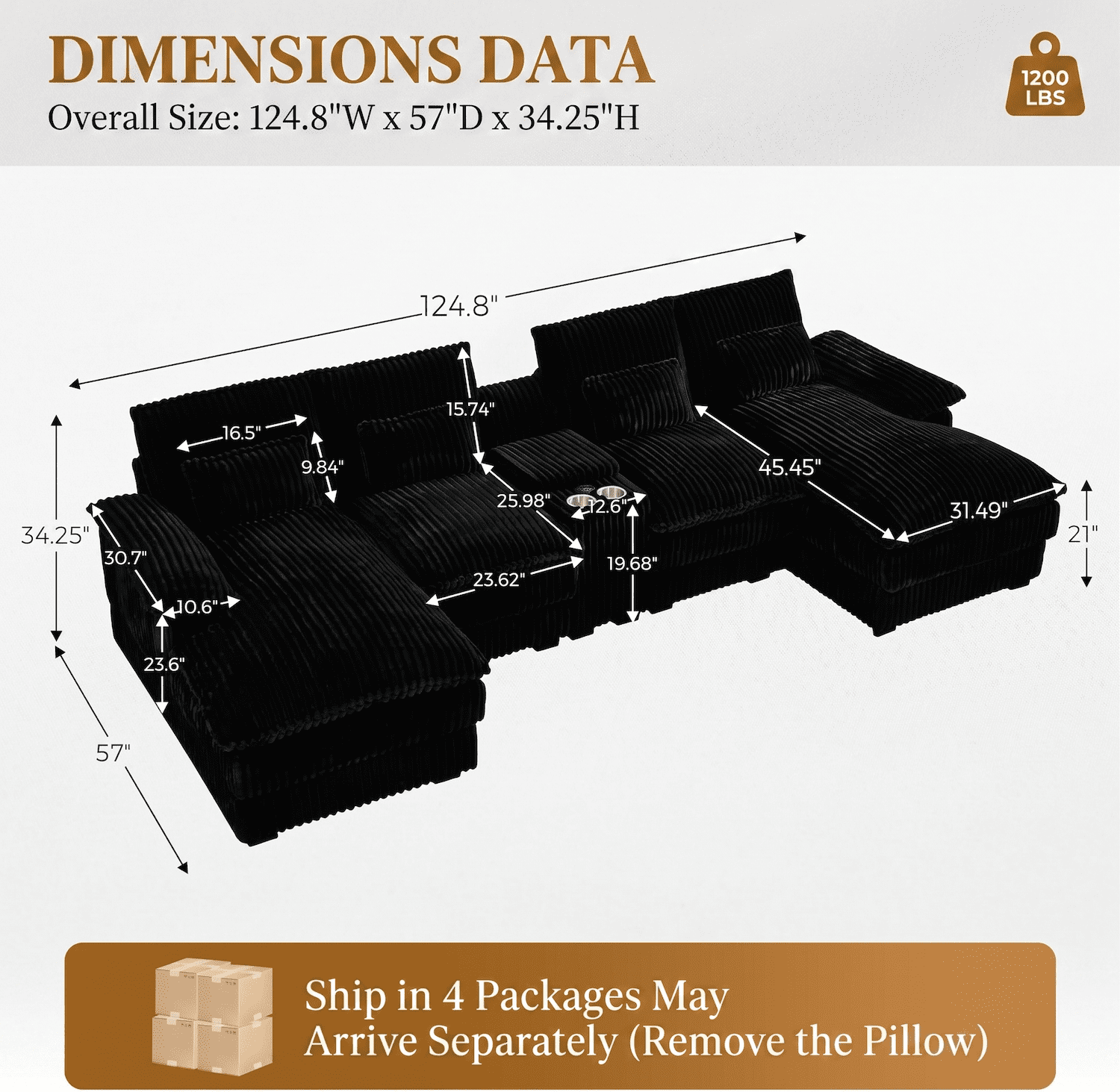 124" U Shaped Cloud Couch Sectional Sofa for Living Room, Oversized Modular Sectional Couch with Double Chaise & Storage Console, Black Corduroy Deep Seat Comfy Sofa with USB Ports & Cup Holders