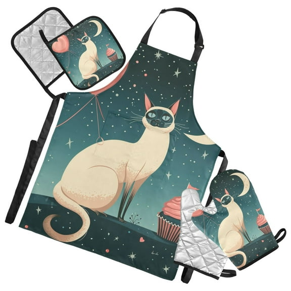 Cartoon Cat Moon Heart 5 Pcs Kitchen Set Heat Resistant Oven Mitts and Non-Slip Pot Holders with Adjustable Cooking Apron