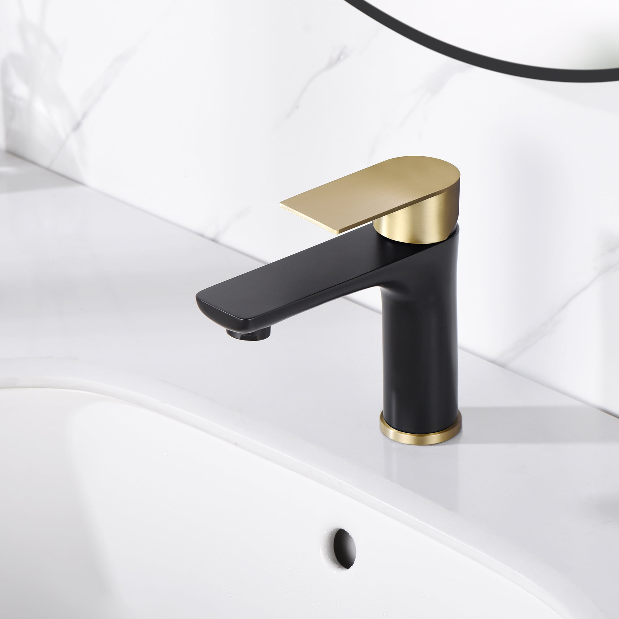 sumerain Bathroom Faucet Stainless Steel Bathroom Sink Faucet Single Hole Bathroom Faucet Single Handle Black and Gold Vanity Faucet with Water Supply Lines