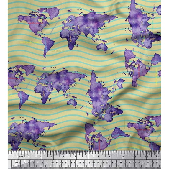 Soimoi Beige Moss Georgette Fabric Waves & World Map Print Fabric by the Yard 42 Inch Wide