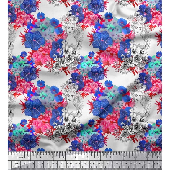 Soimoi Blue Poly Georgette Fabric Women Face & Floral Print Sewing Fabric BTY 42 Inch Wide