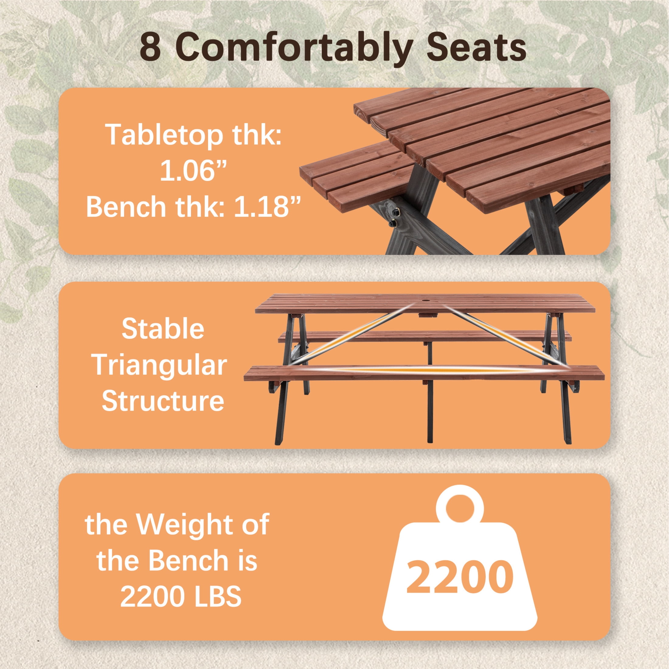 Noble House Arboris 8-Seat Outdoor Fir Wood Picnic Set, Heavy-Duty Patio Picnic Table with Built-in Benches, Brown