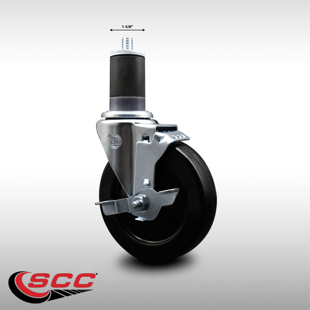 Stainless Steel Hard Rubber Swivel Expanding Stem Caster w/5" x 1.25" Black Wheel and 1-5/8" Stem & Top Locking Brake - 300 lbs Capacity/Caster - Service Caster Brand - image 2 of 4