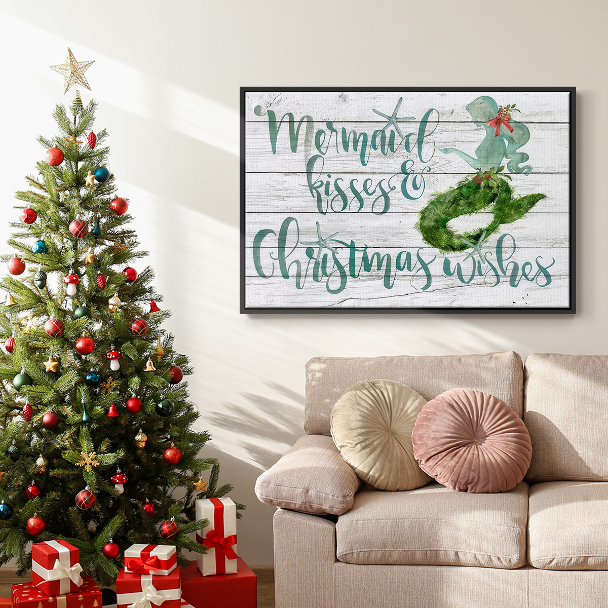Tis the Seasun Collection A - Framed Gallery Wrapped Holiday Canvas - 25 x 37 - Black Frame