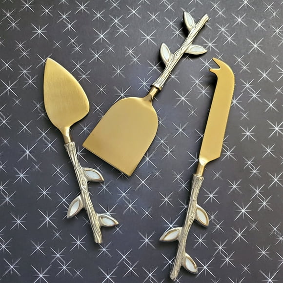 Luxurious Cheese Knife Set - Mother of Pearl Inlay twig handle - Shiny Gold Blades - Charcuterie Board Essentials - Gift Boxed