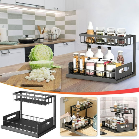 Under Sink Organizer, Pull Out Cabinet Storage 2 Tier Slide Out Sink Shelf, Kitchen Organizers and Storage, Black, 1 Pack