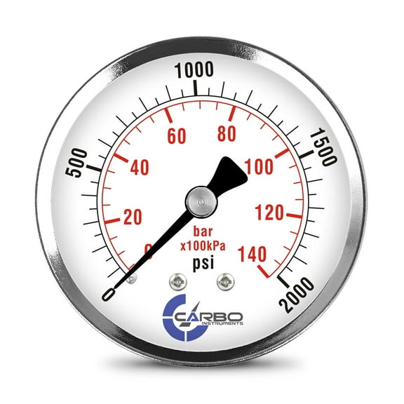 CARBO Instruments 2- 1/2" Pressure Gauge, Chrome Plated Steel Case, Dry, 0-2000 psi/kPa, Back Mount 1/4" NPT
