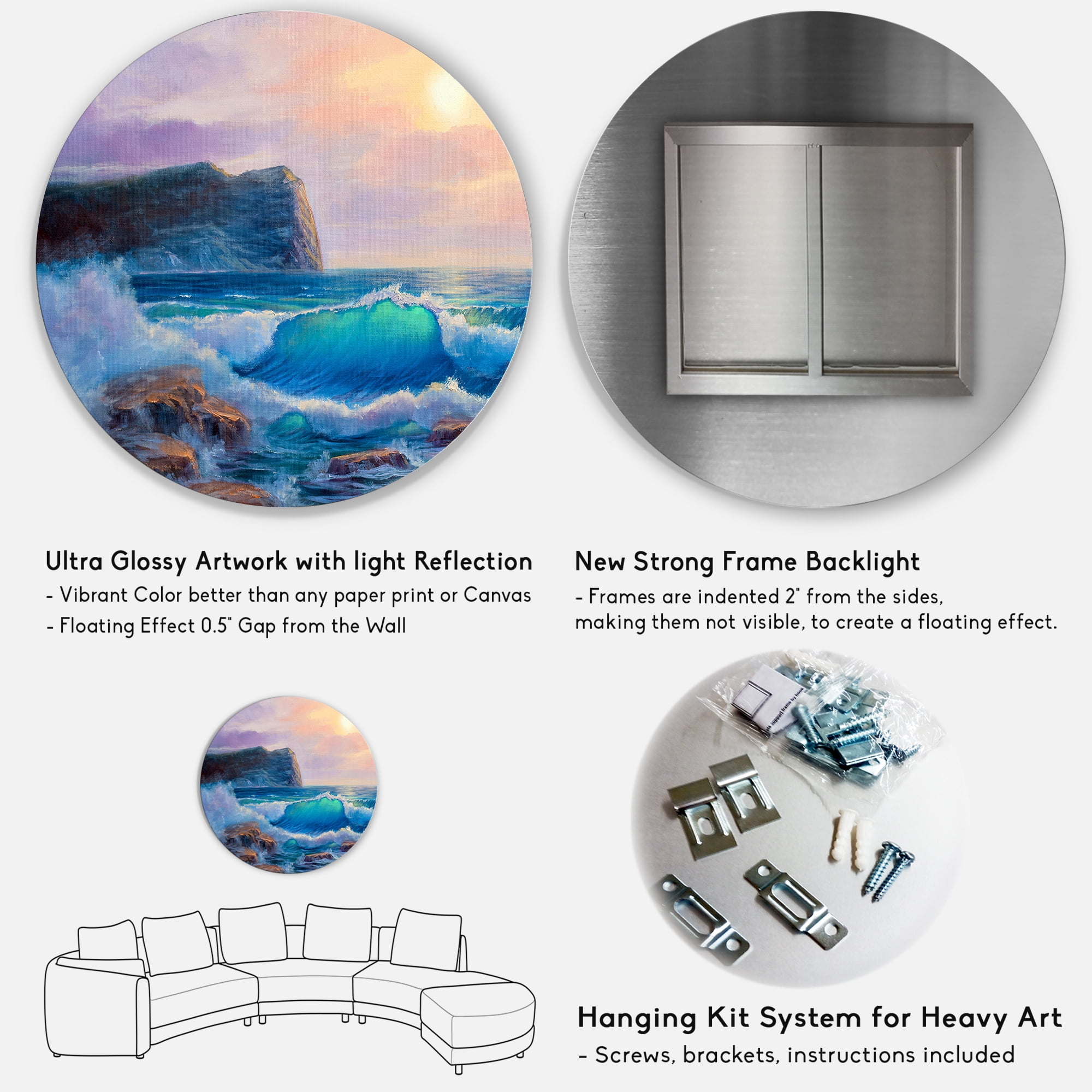 Designart 'Blue Waves Breaking At The Beach Landscape III' Nautical & Coastal Circle Metal Wall Art 29x29 - Disc of 29