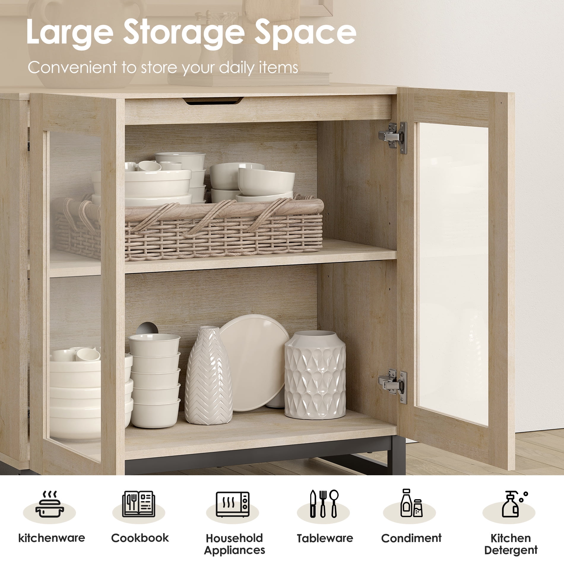 4 In 1 Multifunctional Dresser with Glass Doors & 2 Drawers, Modern Storage Chest with Adjustable Shelf, Closet Organizer Storage Cabinet for Bedroom Home Use,Beige