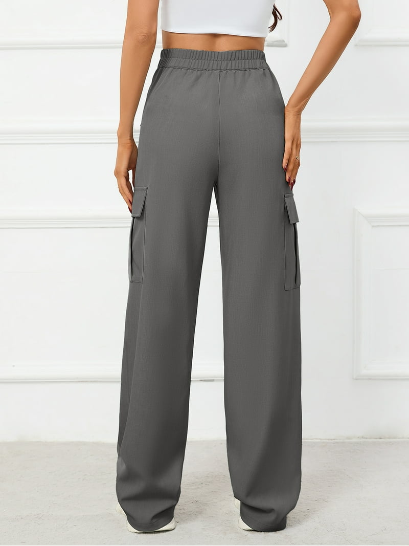 Chiclily High Waist Stretch Cargo Pants Dark Gray 2XL Women Casual