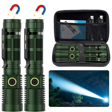 Banral Long Beam LED Magnetic Flashlight ,Super Bright Spotlight Flashlight for Hiking, Camping-Dark Green 2 Pack