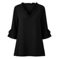 thumbnail image 5 of Womens Tops Ruffle 3/4 Sleeve Dressy Casual Shirts Solid Color V-Neck Tunic Summer Vacation Blouse Black, 5 of 6