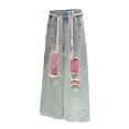 thumbnail image 3 of XIMIN Baggy Jeans for Girls Wide Leg Ripped High Elastic Waisted Denim Pants Cute Casual Comfortable Spring and Summer Trousers Streetwear (11-12 Years, Pink), 3 of 3