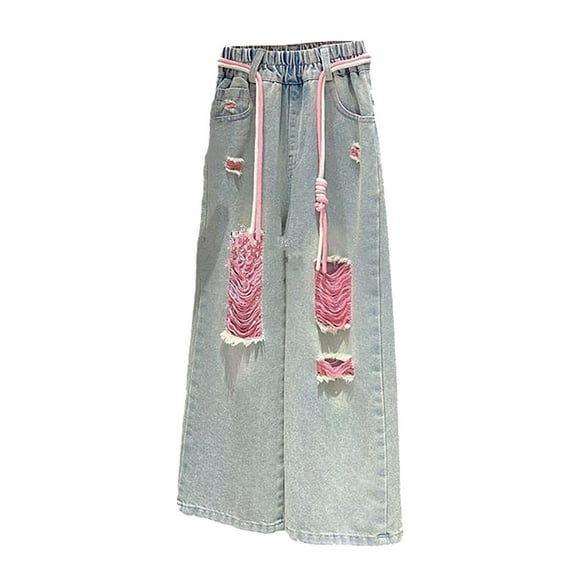 KAUOD Cute Ripped Jeans for Girls Baggy Jeans Kids High Elastic Waist Wide Leg Distressed Denim Pants Loose Y2K Streetwear