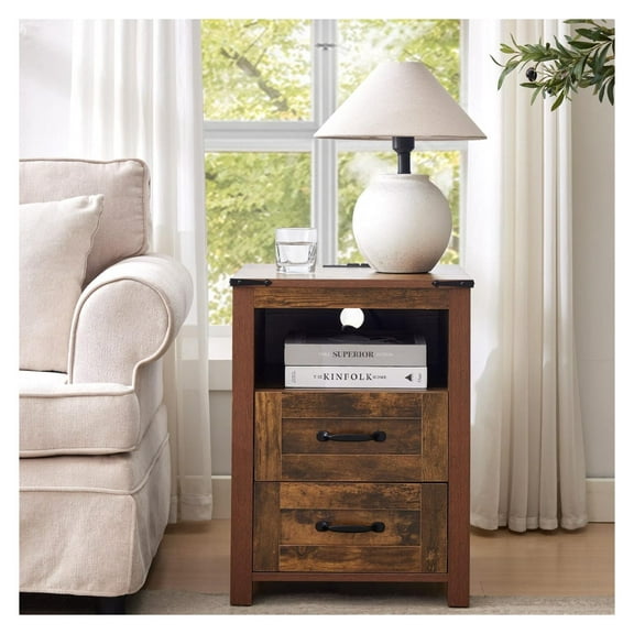 Brown Night Stand, Rustic End Table with Charging Station, Farmhouse Tall Nightstand for Bedroom, Drawer Dresser Bedside Table with Open Storage Shelf 1pc with Charging