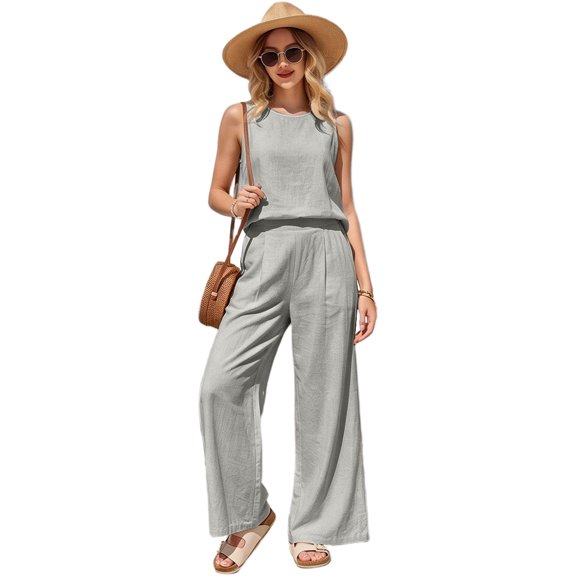 2 Piece Sets for Women Casual Summer Sleeveless Round Neck Top Wide Leg Pants Lounge Travel Vacation Outfits Tank Tops Sets Casual Solid Color Outfit