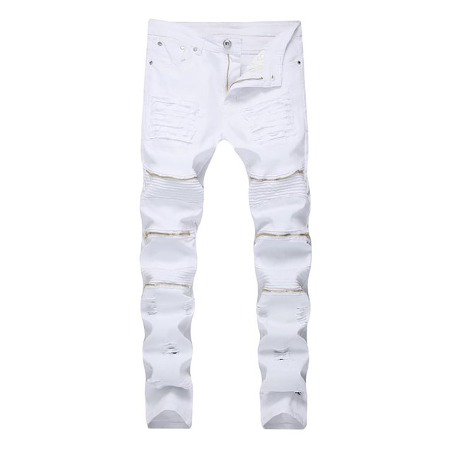 Pantalones de mezclilla de motocicleta elásticos de hip-hop rectos rasgados nuevos ajustados para hombres Pompotops oipoqjl22716