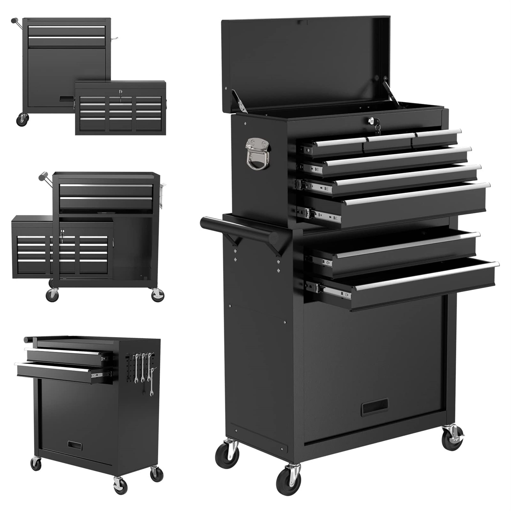 Aukfa Tool Box, 2 in 1 Steel Rolling Tool Chest & Cabinet on Wheels for Garage, 8-Drawers, Black