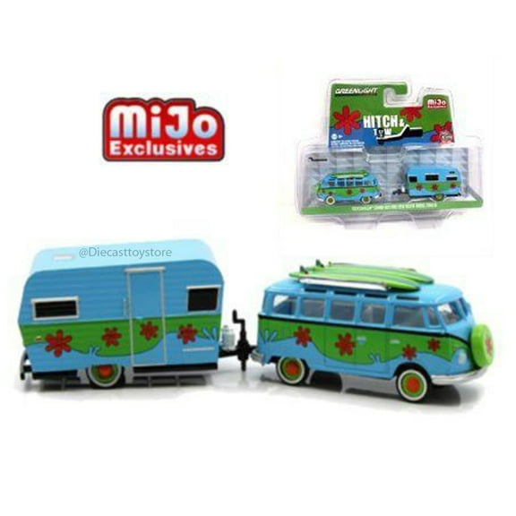GREENLIGHT 1:64 HITCH & TOW CLUB V-DUB EDITION - MIJO EXCLUSIVES - VOLKSWAGEN SAMBA BUS & 1959 SIESTA TRAVEL TRAILER DIECAST 51114-D