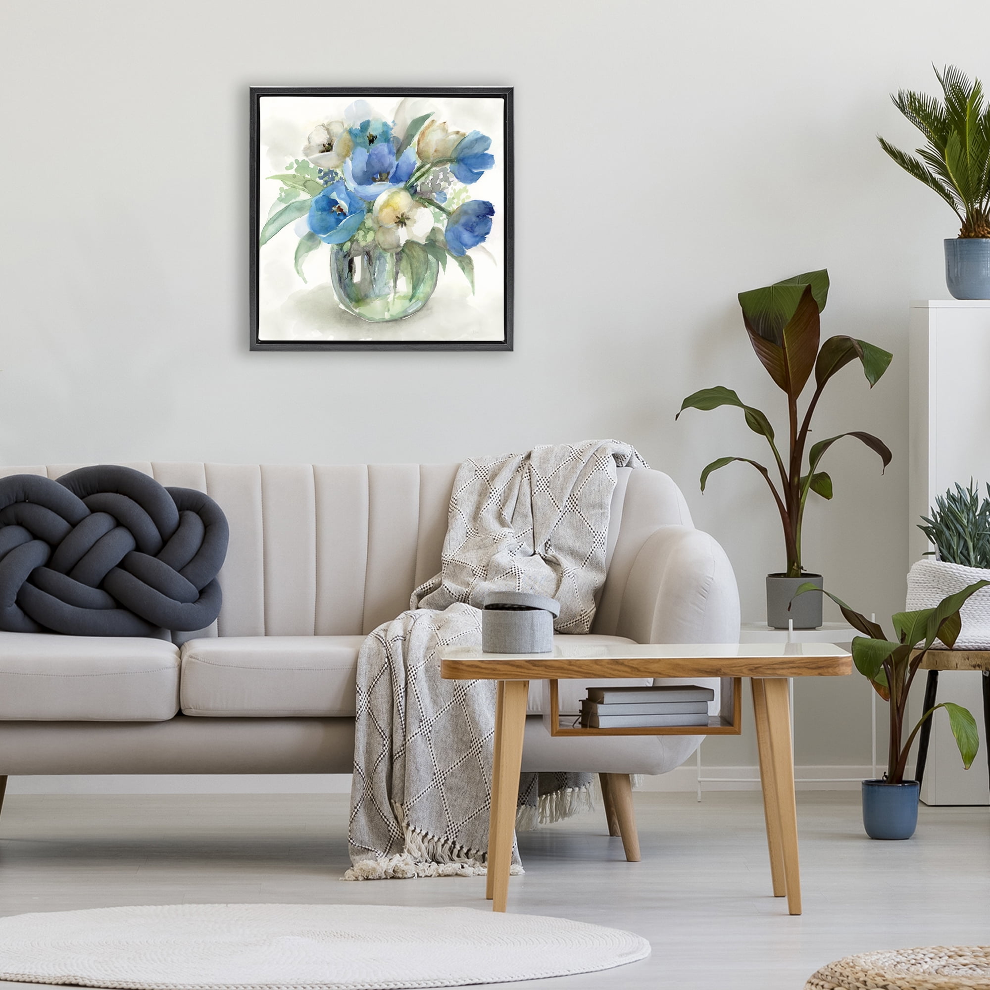 Stupell Industries Blue Tulip Watercolor Bouquet Black Framed Floater Canvas Wall Art, design by Nan