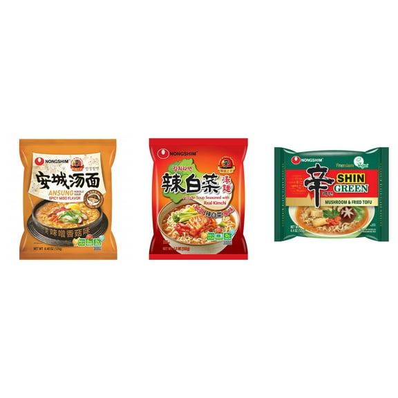 3 Pack Korean NongShim Gourmet Spicy Shin Instant Ramen Noodle, 3 Flavors(Ansung,kimchi,shin Green) Plus NineChef Brand Long Handle Coffee Spoon