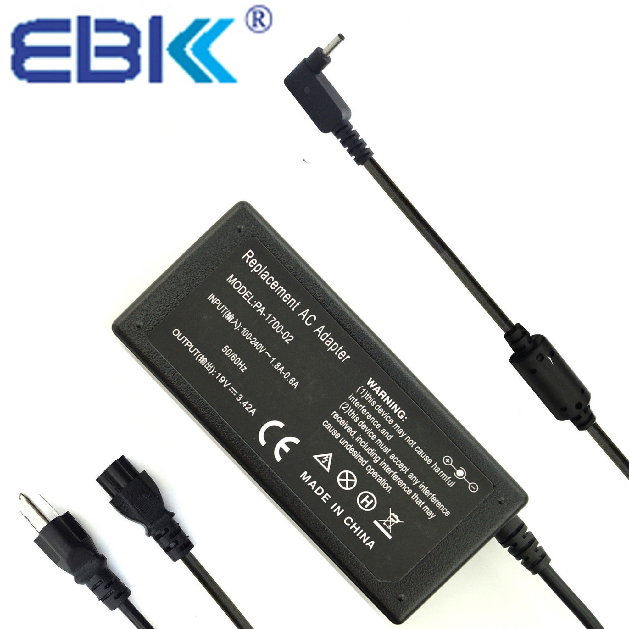 EBK 65W 3.42A laptop Adapter Charger for Acer Aspire S7 P3 S5 S7-392 S7-391 R13 R7 R14 R5 V3 P3-131, Acer TravelMate X313 TMX313-M-6824,Aspire One Cloudbook 14 AO1-431 Series - image 1 of 7