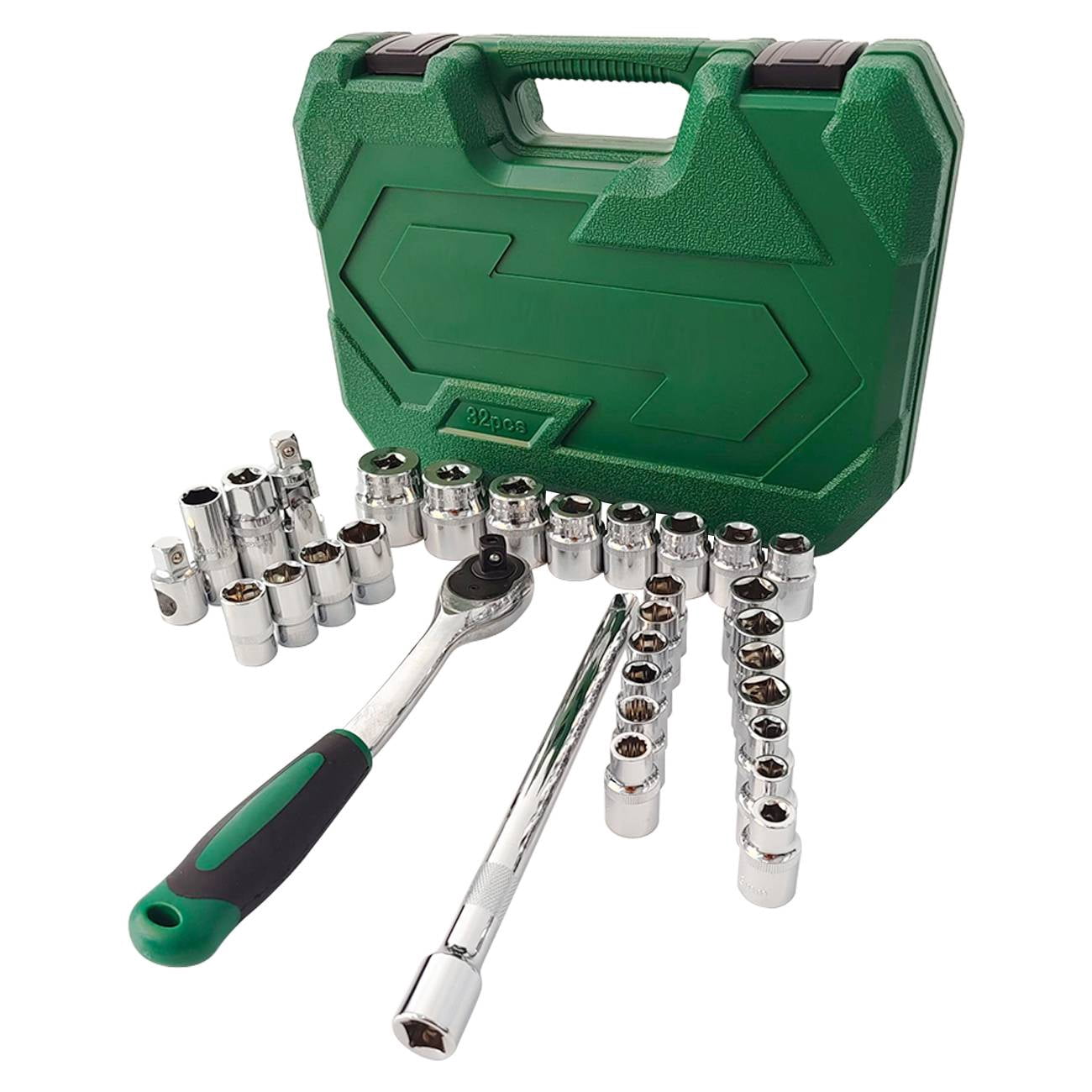 Dawot 32-piece 1/2" Drive Socket Set, Including 25pcs Metric(8-32mmm) Sockets, 1/2-Inch Ratchet, Extension bars and Universal joint