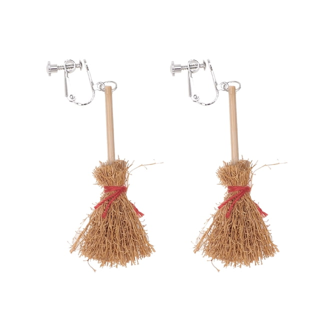 Un par de pendientes de escoba de bruja, divertidos clips para las orejas de Halloween, pendientes sin orejas tejidos a mano naturales para mujeres y niñas