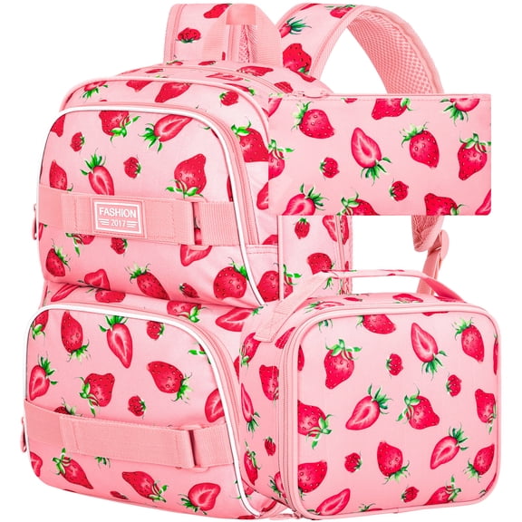 3Pcs Girls Backpack, 17 Inches Strawberry School Bookbag Set for Teens College Students, Laptop Backpacks with Lunch Box (Pink)