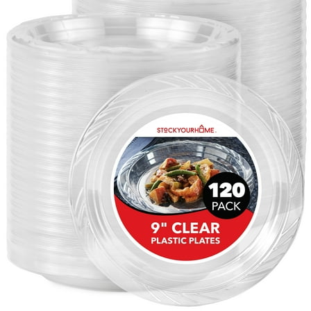 Stock Your Home 120-Count 9" Clear Plastic Plates, Heavy Duty, Disposable, for Parties & Events