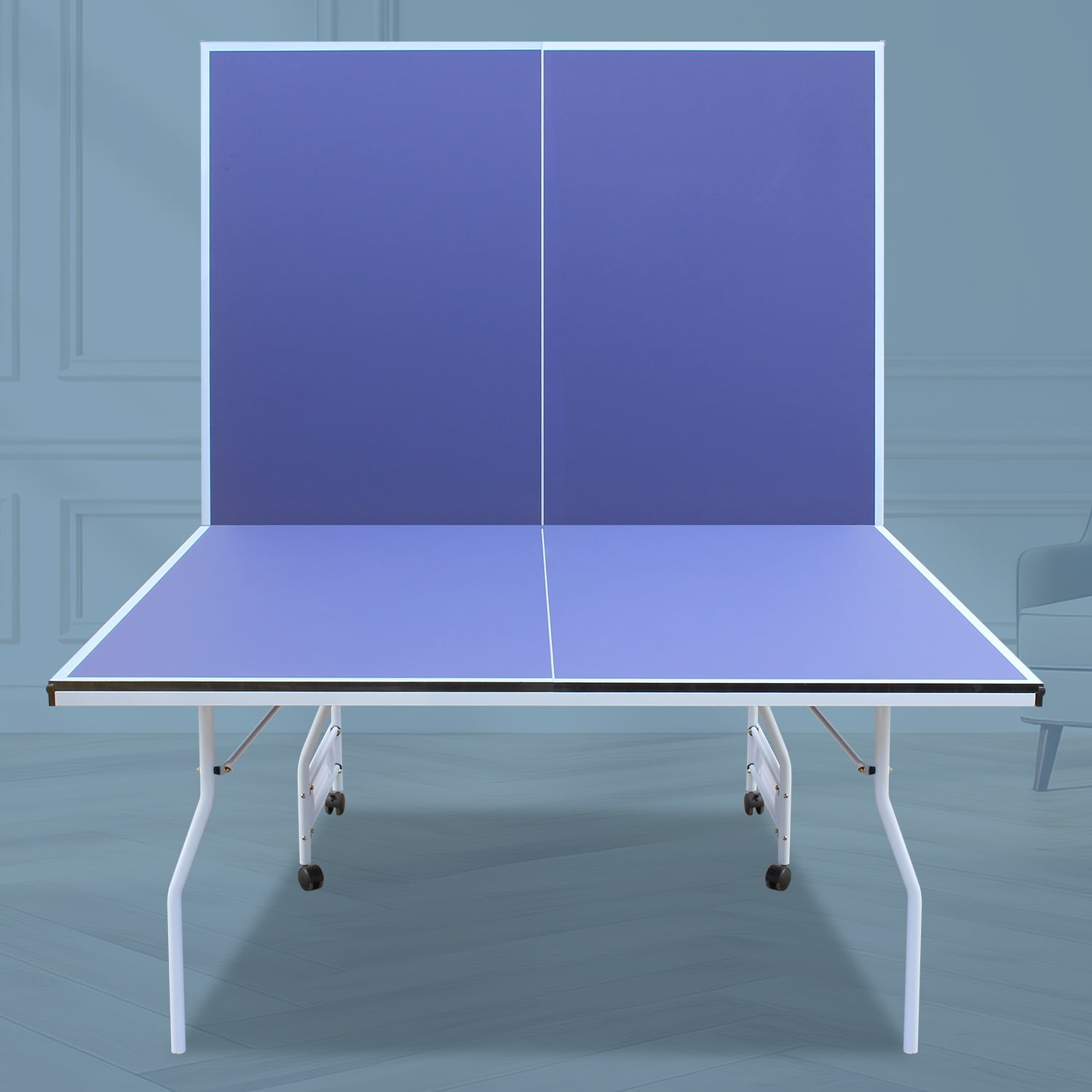 9ft Mid-Size Table Tennis Table Foldable & Portable Ping Pong Table Set for Indoor Games with Net, 2 Paddles and 3 Balls
