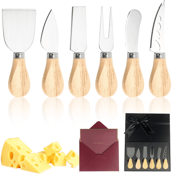 Vongem 6 Pack Cheese Knives Set with Wooden Handles, Mini Stainless Steel Cheese Cutter and Fork, Cheese Spreader Knives for Butter Meat Charcuterie Board Accessories(Gift Box Packaging)