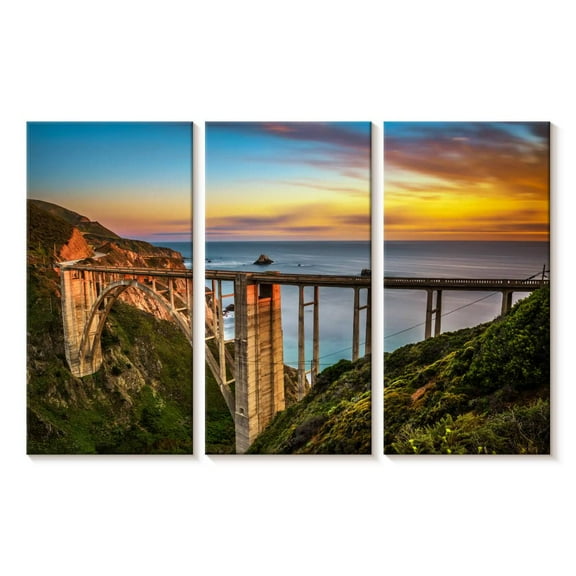 Elephant Stock Bixby Creek Bridge At Sunset Wall Art - Horizontal Multi Panel Canvas - Living Room Wall Decor - Nature Multi Panel - Blue And Yellow Decor - 23" x 14"