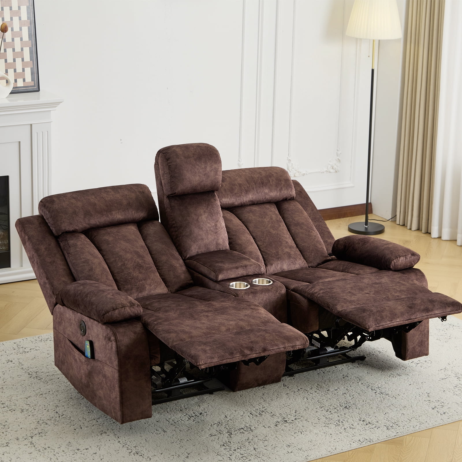 Power Recliner Loveseat Sofa with Console Storage, Heat & Massage, Reclining Sofa Couch with Cup Holders, USB & Type-C Ports, Dutch Velvet Recliner Couch for Living Room, RV,Office,Apartment