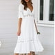 thumbnail image 4 of ICHUANYI Clearance Women’s Sexy Solid Dress Hollow Chiffon Short Sleeve V-Neck Long Dress(White, S) ICHUANYI WER2023080711744, 4 of 8