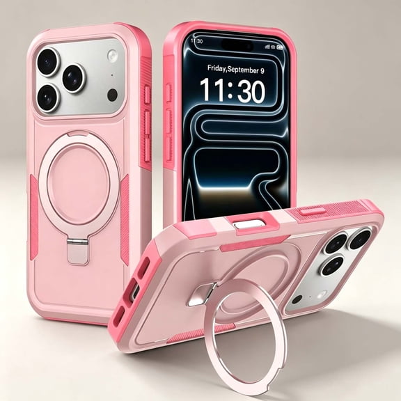 For iPhone 16 Phone Case,2-in-1 Hybrid Heavy Duty Protection,Contractile Ring Kickstand,Compatible with Mag-Safe,Shockproof Non-Slip Drop Protection Rugged Phone Case,Pink