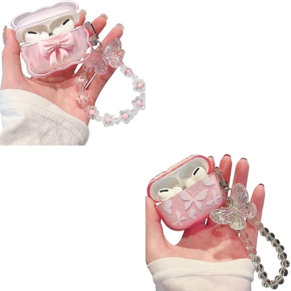 Compatible with AirPods Pro Clear Case,3D Bow and Cartoon Pink Butterfly Pattern Design with Cute Keychain, Soft TPU Protective Shockproof Case for Airpod Pro for Girls Women