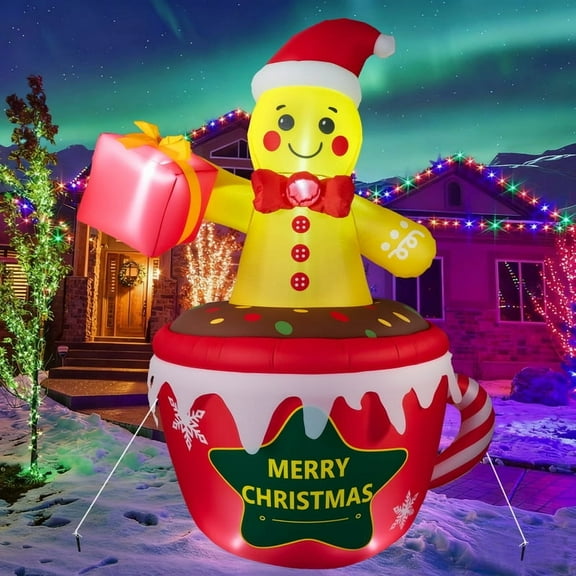 7ft Christmas Inflatables Outdoor Decorations, Cute Christmas Blow Up Yard Decorations Gingerbread Man in Hot Cocoa Mug Scene for Garden Lawn Xmas Decor