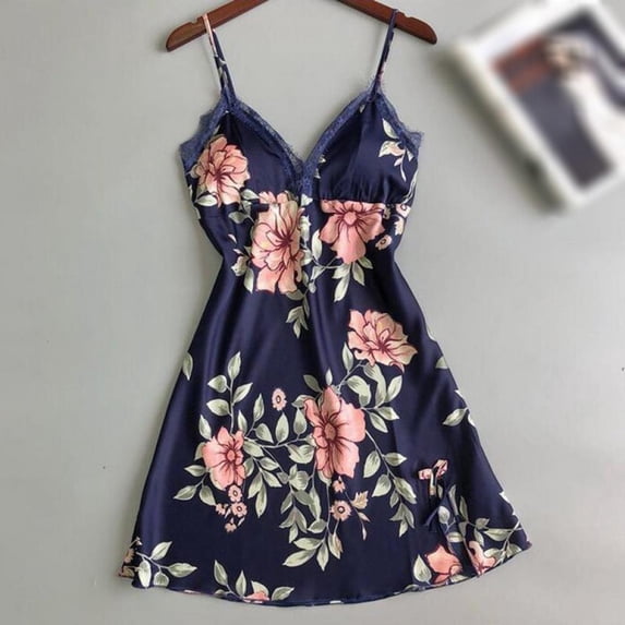 Deepwonder Goddess Imitation Silk Sexy Deep V Lace Edge Printed Halter Suspender Home Nightdress L