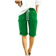 thumbnail image 3 of Bloomae Bermuda Cargo Linen Shorts for Women Knee Length Plus Size Summer Casual Beach Elastic Waist Drawstring Comfy Trendy Straight Leg Long Shorts with Multi-Pockets Green S, 3 of 10