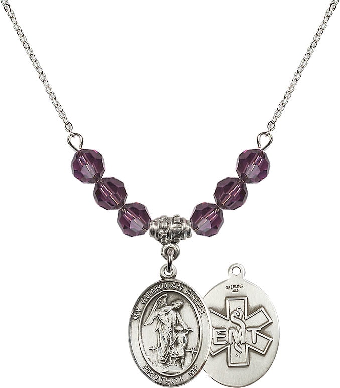 Bonyak Jewelry 18 Inch Rhodium Plated Necklace w// 4mm Light Purple February Birth Month Stone Beads and 5-Way//Chalice Charm