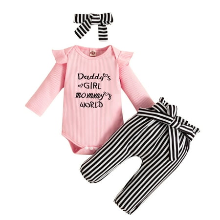 

Toddler Boys Girls Baby Ribbed Romper Tops+ Striped Pants Headband Outfits Clothes 3PCS Set