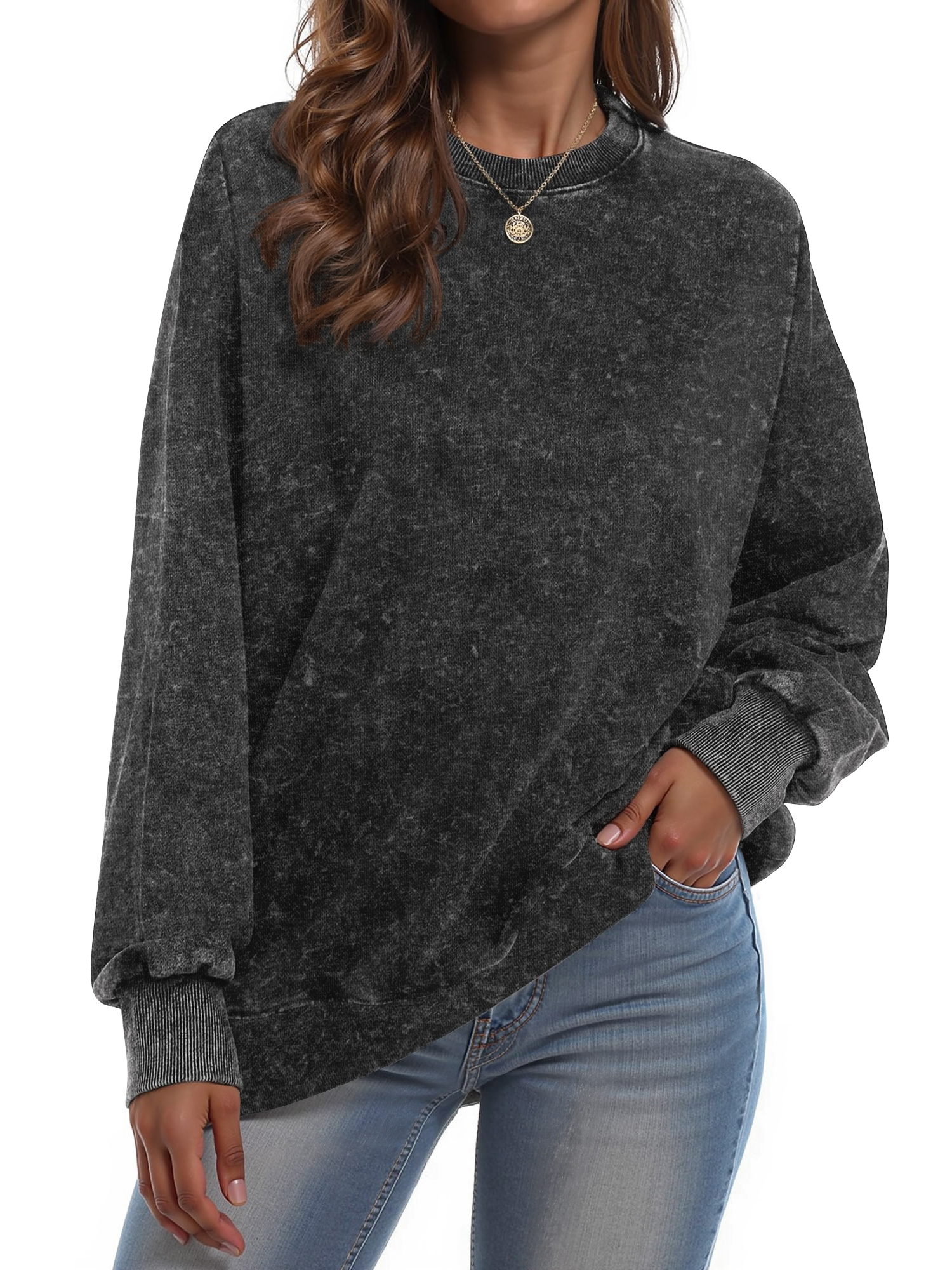Rosvigor Vintage Sweatshirts for Women Oversized Washed Shirts Side Split Long Sleeve Fashion Women Tops