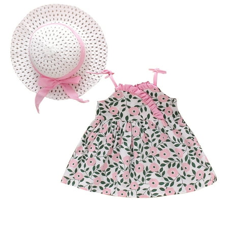 

ZMHEGW Toddler Baby Girls Sleeveless Floral Printed Princess Suspender Dress+Hat
