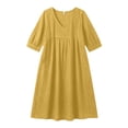 thumbnail image 6 of SZJXBUY Linen Dress Women Casual Summer Dressy Baggy 3/4 Sleeve Midi Dress Elegant V Neck Beach Vacation Sundress with Pockets Yellow,XXL, 6 of 6