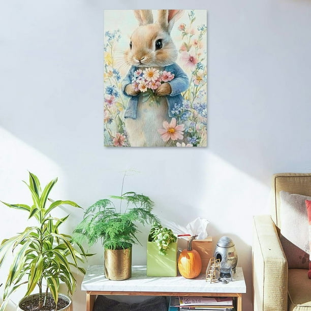 水彩壁絵watercolor“The Chilling Bunny Bunny” FCXZI Easter Bunny Canvas Wall Art Cute Rabbit with Flowers Print