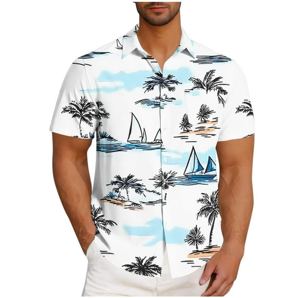 Mens Casual de Manga Corta Botón Abajo Camisas Gira Cuello Impresión, Camisa de Verano de Poliéster de Moda