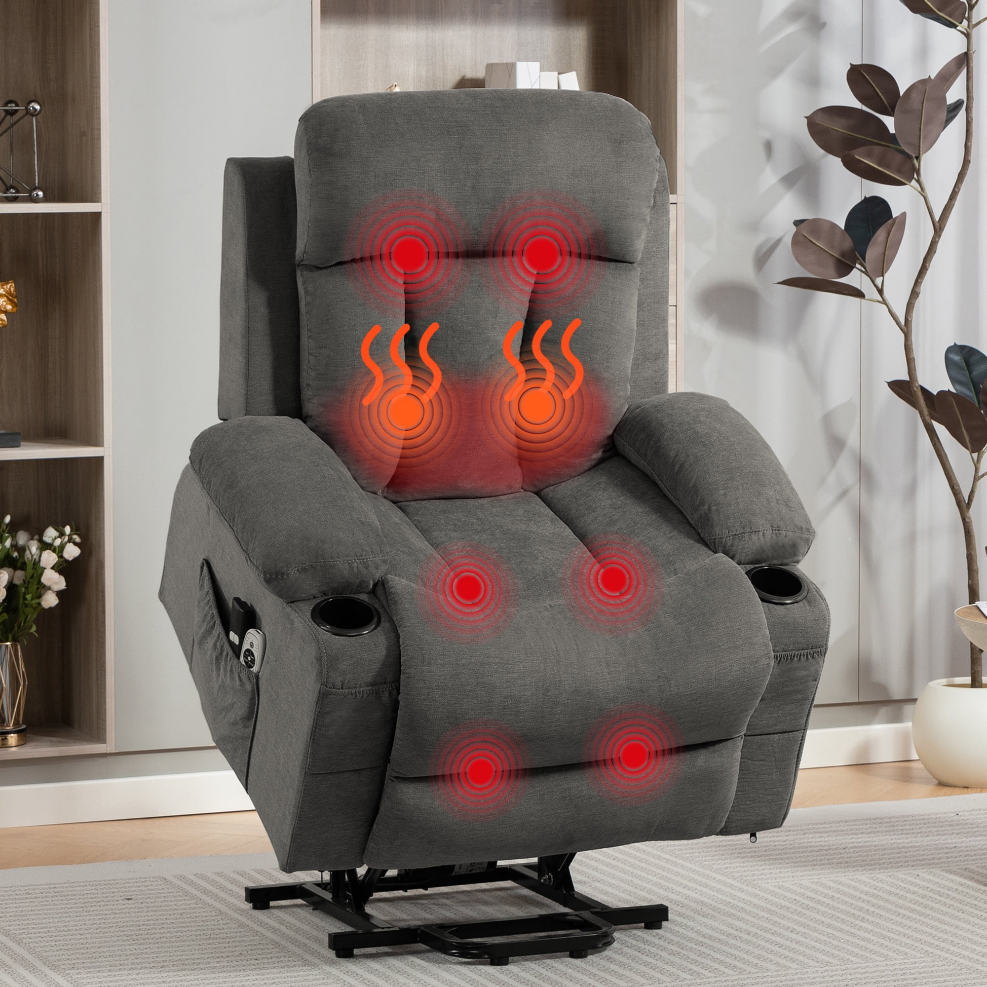 DELMANGO Power Lift Recliner Chair for Elderly, Electric Oversized Reclining Sofa with Vibration Massage & Heat, Cup Holder and USB Charging Port for Living Room, Grey