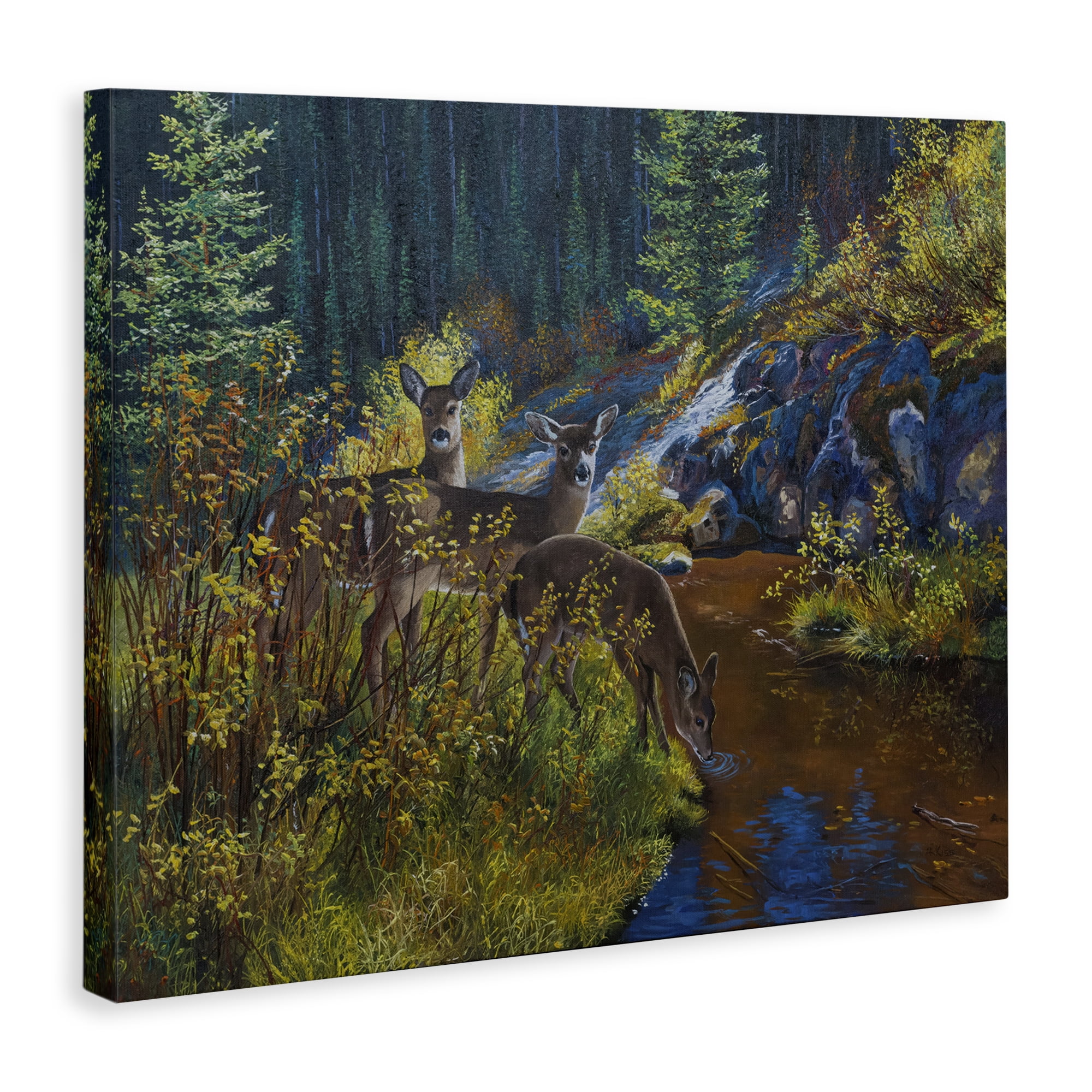 Stupell Industries Deer Drinking from River Landscape & Nature Painting Wrapped Canvas Art Print Wall Art, 30 x 24